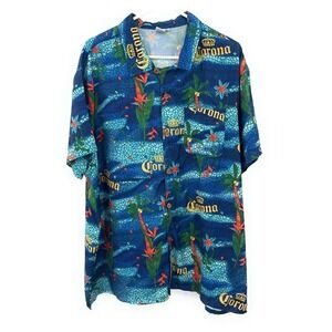 Corona Extra Calhoun Mens XXL Blue Mosaic Tropical Palm Tree Hawaiian Shirt Beer